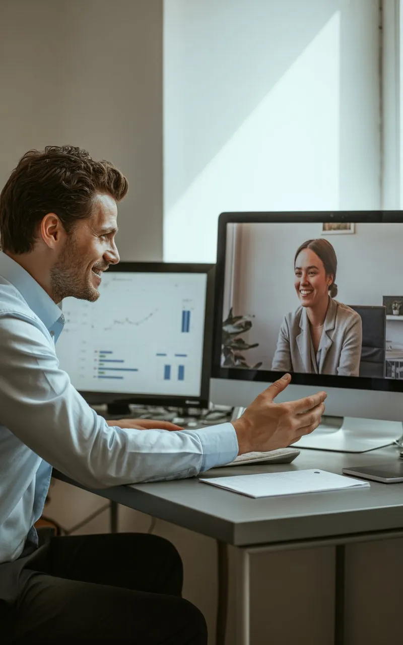 client interacting with consultant via video call on screen